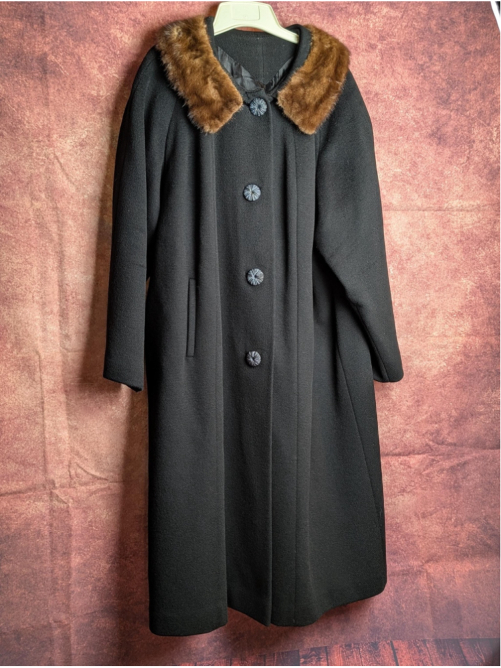 Vintage Abbmoor Black Coat faux Fur Collar Full Length A Line Womens Mid Century